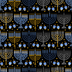 navy blue, golden yellow, white, dreidels, menorahs, candles, hanukkah symbols, stars, decorative laurels, repetitive pattern, festive design,, fabric panel, jewish holiday, winter celebration, ceremonial objects, geometric arrangement, holiday motifs, festival of lights