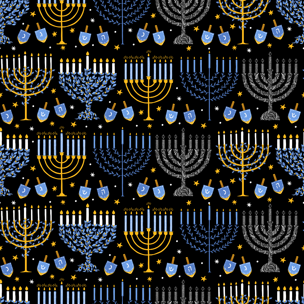 navy blue, golden yellow, white, dreidels, menorahs, candles, hanukkah symbols, stars, decorative laurels, repetitive pattern, festive design,, fabric panel, jewish holiday, winter celebration, ceremonial objects, geometric arrangement, holiday motifs, festival of lights