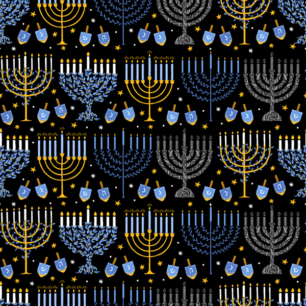 navy blue, golden yellow, white, dreidels, menorahs, candles, hanukkah symbols, stars, decorative laurels, repetitive pattern, festive design,, fabric panel, jewish holiday, winter celebration, ceremonial objects, geometric arrangement, holiday motifs, festival of lights