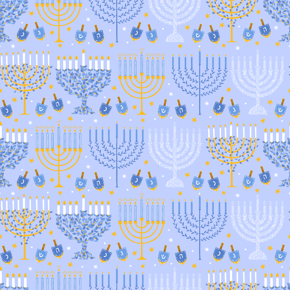 blue, periwinkle, golden yellow, orange, white, menorah, dreidel, hanukkah, festival of lights, jewish holiday, laurel wreaths, candles, stars, repeating pattern,, fabric panel, geometric design, religious symbols, winter celebration, cheerful mood