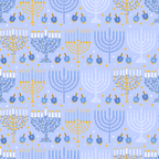 blue, periwinkle, golden yellow, orange, white, menorah, dreidel, hanukkah, festival of lights, jewish holiday, laurel wreaths, candles, stars, repeating pattern,, fabric panel, geometric design, religious symbols, winter celebration, cheerful mood