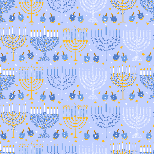 blue, periwinkle, golden yellow, orange, white, menorah, dreidel, hanukkah, festival of lights, jewish holiday, laurel wreaths, candles, stars, repeating pattern,, fabric panel, geometric design, religious symbols, winter celebration, cheerful mood