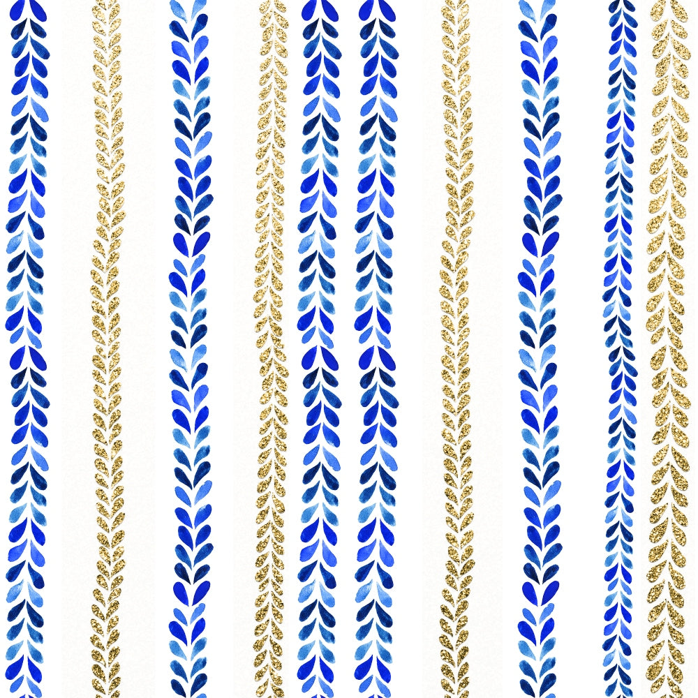 Vertical blue and gold leaf patterns on a white background form alternating lines, creating a repetitive and symmetrical design.