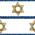 Pattern of gold Star of David symbols on a white background, bordered by blue glittery stripes.