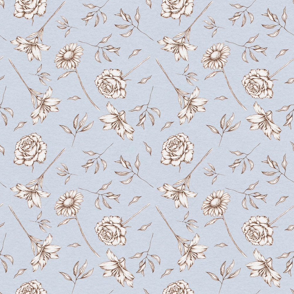 lavender background, brown lineart, floral pattern, roses, daisies, lilies, botanical motifs, vintage style, delicate flowers, scattered leaves, repeating design,, fabric panel, soft purple, sepia tones, feminine design, garden flowers, hand-drawn style, crafting material