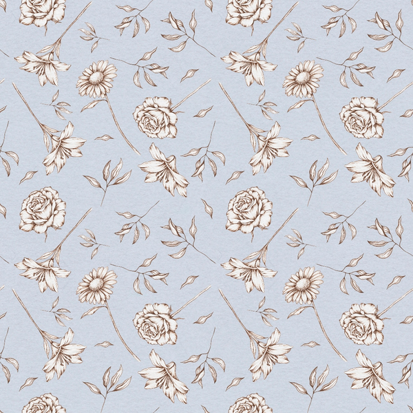 lavender background, brown lineart, floral pattern, roses, daisies, lilies, botanical motifs, vintage style, delicate flowers, scattered leaves, repeating design,, fabric panel, soft purple, sepia tones, feminine design, garden flowers, hand-drawn style, crafting material