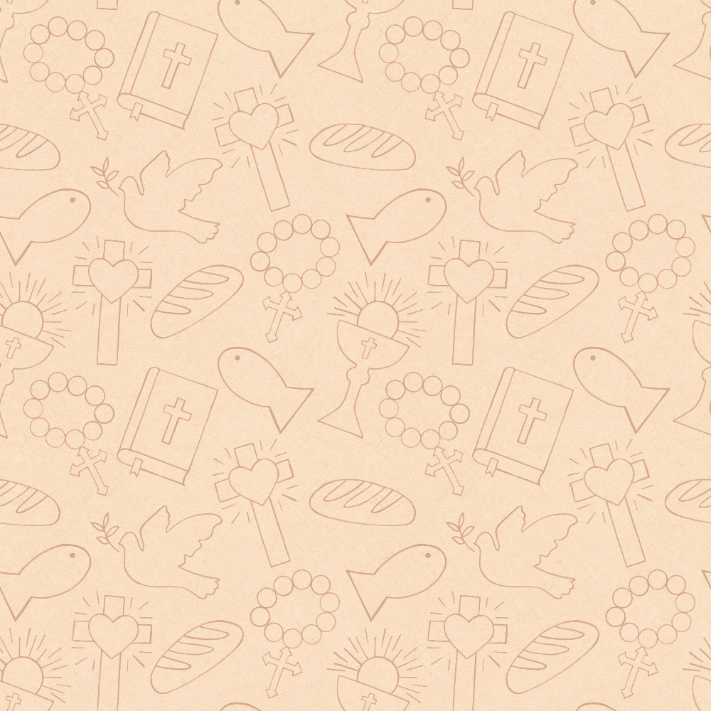 peach background, blush pink, religious symbols, christian motifs, crosses, doves, fish symbols, rosary beads, bread loaves, bible book, hearts, sun rays, easter theme, resurrection,, fabric panel, line art, outlined designs, repeating pattern, spiritual imagery