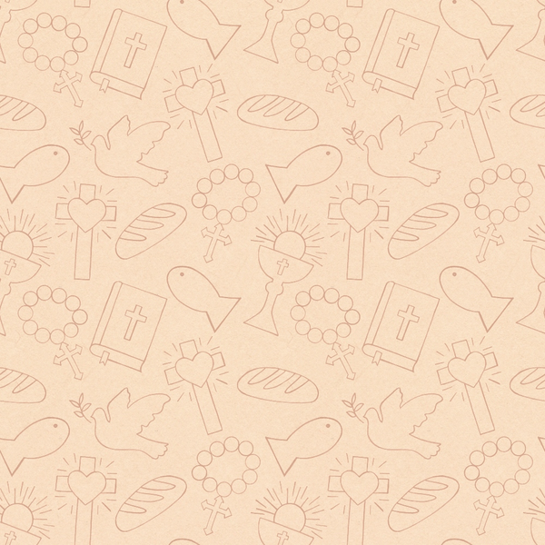 peach background, blush pink, religious symbols, christian motifs, crosses, doves, fish symbols, rosary beads, bread loaves, bible book, hearts, sun rays, easter theme, resurrection,, fabric panel, line art, outlined designs, repeating pattern, spiritual imagery
