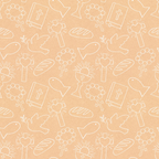 peach background, white outlines, christian symbols, religious motifs, crosses, doves, bread loaves, rosary beads, sacred heart, bible, sunburst, line art, spiritual theme, easter elements,, repeating pattern, faith symbols, religious fabric, cotton panel