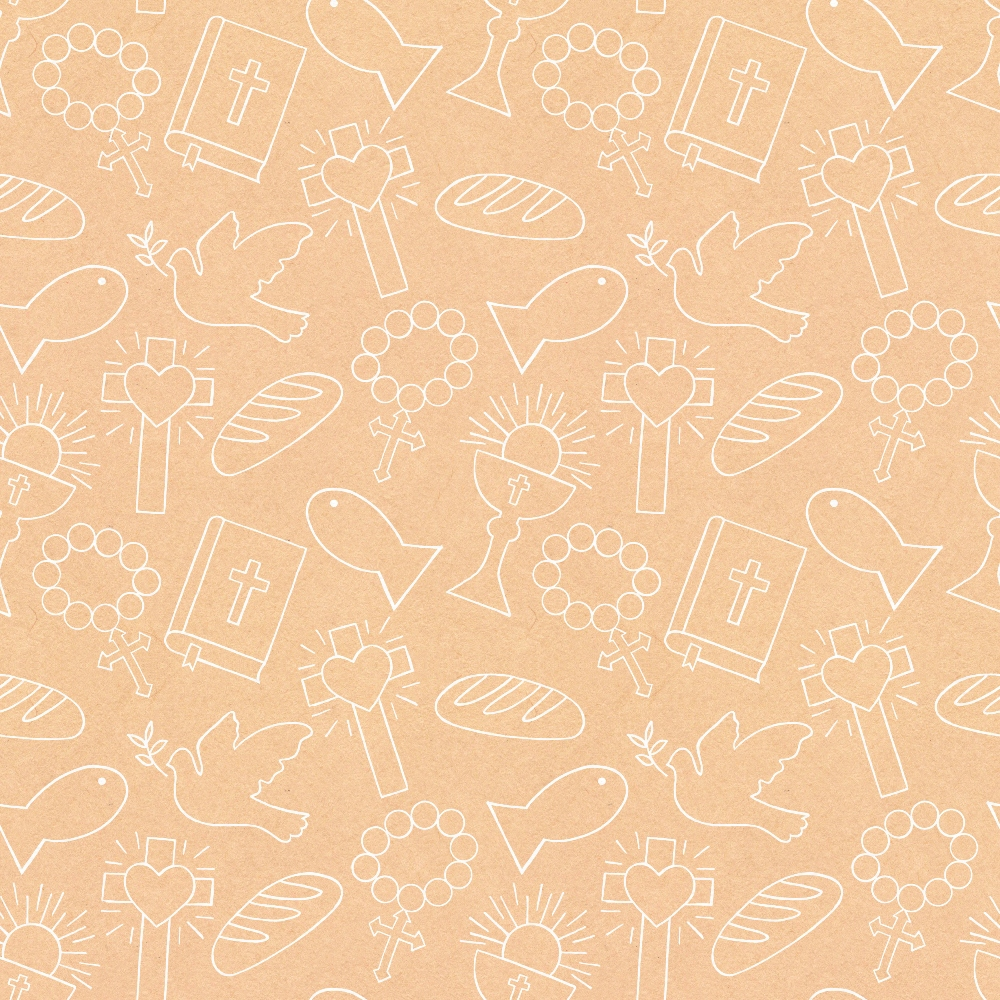 peach background, white outlines, christian symbols, religious motifs, crosses, doves, bread loaves, rosary beads, sacred heart, bible, sunburst, line art, spiritual theme, easter elements,, repeating pattern, faith symbols, religious fabric, cotton panel