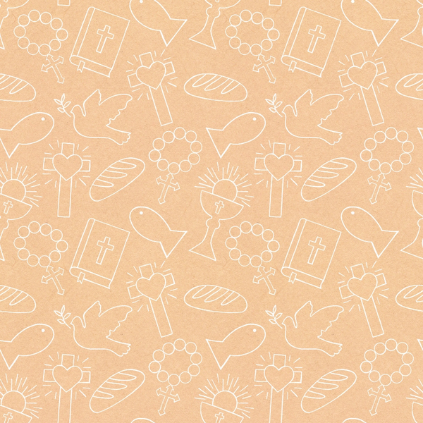 peach background, white outlines, christian symbols, religious motifs, crosses, doves, bread loaves, rosary beads, sacred heart, bible, sunburst, line art, spiritual theme, easter elements,, repeating pattern, faith symbols, religious fabric, cotton panel