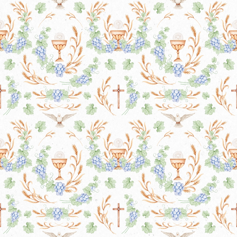 fabric panel, religious symbols, communion chalice, grapes, wheat stalks, dove, cross, green leaves, purple grapes, golden wheat, orange chalice, white background, christian motifs, holy spirit dove, vine pattern, sacred elements, repeating pattern, easter theme, communion symbols