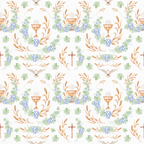 fabric panel, religious symbols, communion chalice, grapes, wheat stalks, dove, cross, green leaves, purple grapes, golden wheat, orange chalice, white background, christian motifs, holy spirit dove, vine pattern, sacred elements, repeating pattern, easter theme, communion symbols