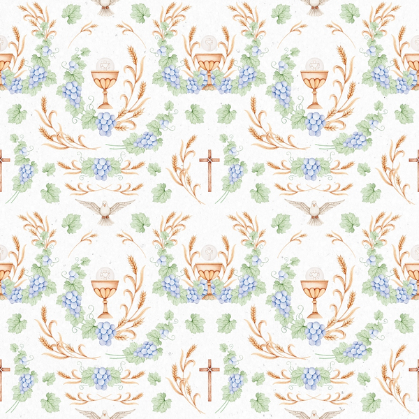 fabric panel, religious symbols, communion chalice, grapes, wheat stalks, dove, cross, green leaves, purple grapes, golden wheat, orange chalice, white background, christian motifs, holy spirit dove, vine pattern, sacred elements, repeating pattern, easter theme, communion symbols
