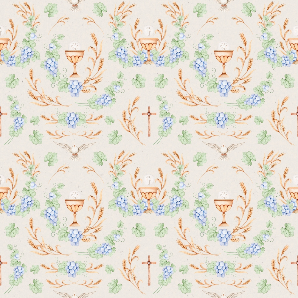 beige background, purple grapes, green leaves, golden wheat, chalice cup, wooden cross, white dove, religious symbols, christian motifs, repeating pattern,, fabric panel, watercolor style, soft pastels, botanical elements, sacred imagery, communion symbols, holy spirit dove, vineyard theme, easter pattern