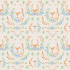 beige background, purple grapes, green leaves, golden wheat, chalice cup, wooden cross, white dove, religious symbols, christian motifs, repeating pattern,, fabric panel, watercolor style, soft pastels, botanical elements, sacred imagery, communion symbols, holy spirit dove, vineyard theme, easter pattern