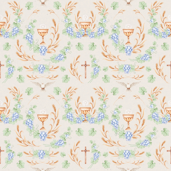 beige background, purple grapes, green leaves, golden wheat, chalice cup, wooden cross, white dove, religious symbols, christian motifs, repeating pattern,, fabric panel, watercolor style, soft pastels, botanical elements, sacred imagery, communion symbols, holy spirit dove, vineyard theme, easter pattern