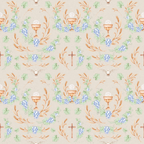 beige background, purple grapes, green leaves, orange wheat stalks, chalice cup, white dove, wooden cross, religious symbols, christian theme, repeating pattern,, fabric panel, pastoral design, communion elements, spiritual motif, soft pastels, botanical elements, sacred imagery, easter theme