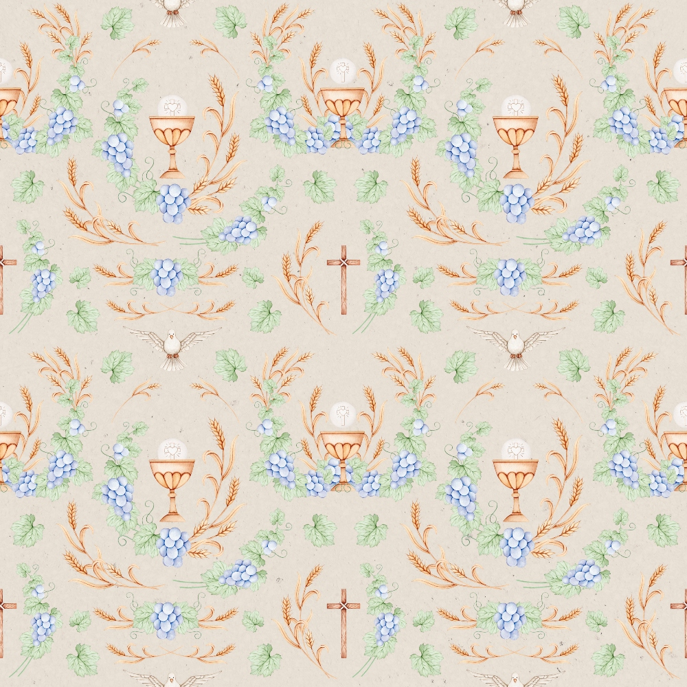beige background, purple grapes, green leaves, orange wheat stalks, chalice cup, white dove, wooden cross, religious symbols, christian theme, repeating pattern,, fabric panel, pastoral design, communion elements, spiritual motif, soft pastels, botanical elements, sacred imagery, easter theme