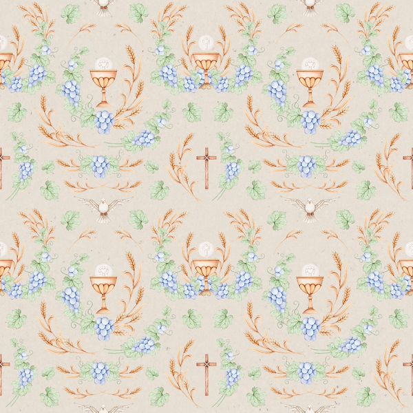 beige background, purple grapes, green leaves, orange wheat stalks, chalice cup, white dove, wooden cross, religious symbols, christian theme, repeating pattern,, fabric panel, pastoral design, communion elements, spiritual motif, soft pastels, botanical elements, sacred imagery, easter theme