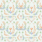 religious symbols, communion chalice, grape clusters, wheat stalks, dove, cross, purple grapes, green leaves, orange accents, beige background, repeating pattern, christian themes, sacred motifs,, fabric panel, watercolor style, soft pastels, holy spirit, communion elements, easter themes