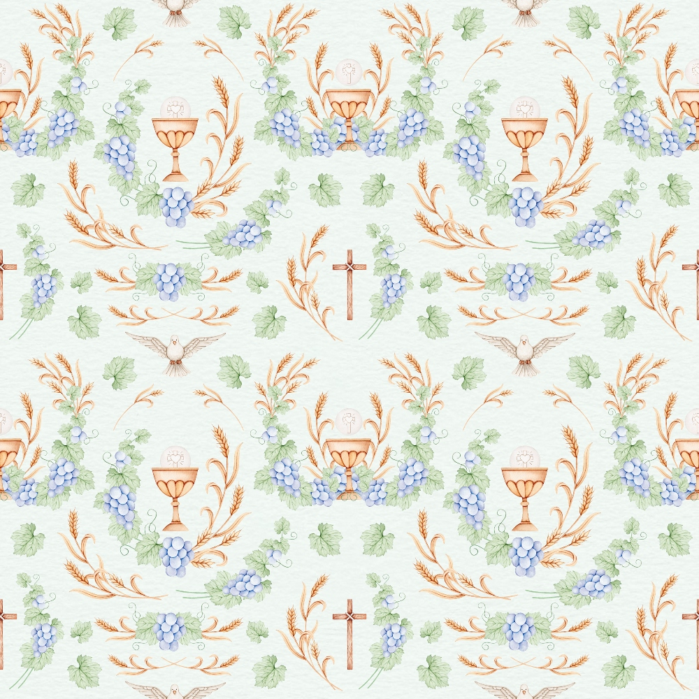 religious symbols, communion chalice, grape clusters, wheat stalks, dove, cross, purple grapes, green leaves, orange accents, beige background, repeating pattern, christian themes, sacred motifs,, fabric panel, watercolor style, soft pastels, holy spirit, communion elements, easter themes