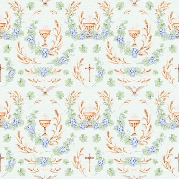 religious symbols, communion chalice, grape clusters, wheat stalks, dove, cross, purple grapes, green leaves, orange accents, beige background, repeating pattern, christian themes, sacred motifs,, fabric panel, watercolor style, soft pastels, holy spirit, communion elements, easter themes
