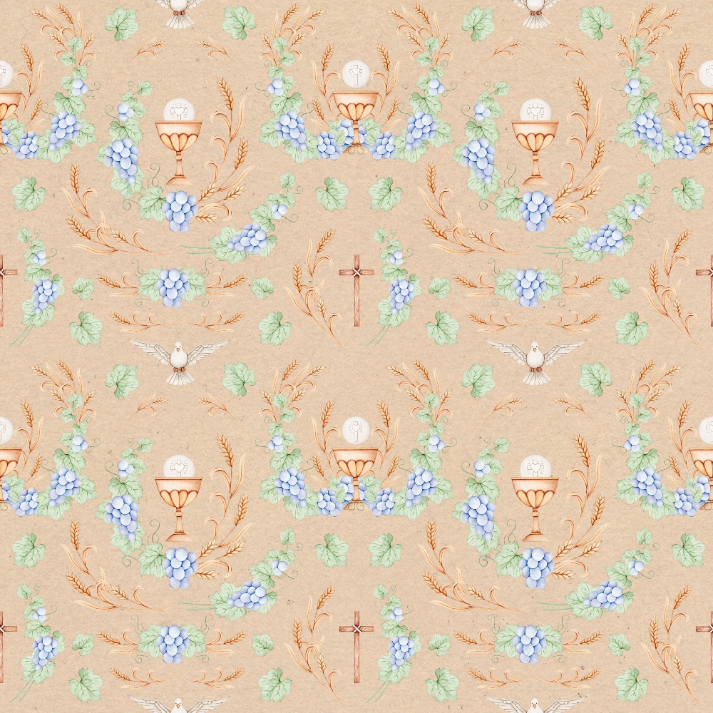 fabric panel, religious theme, communion chalice, holy dove, grapes, wheat stalks, cross symbol, peach background, blue grapes, green leaves, orange accents, white dove, sacred symbols, christian motifs, repeating pattern, spiritual design, ecclesiastical elements, communion bread, vine leaves