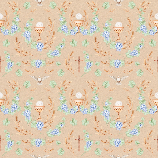 fabric panel, religious theme, communion chalice, holy dove, grapes, wheat stalks, cross symbol, peach background, blue grapes, green leaves, orange accents, white dove, sacred symbols, christian motifs, repeating pattern, spiritual design, ecclesiastical elements, communion bread, vine leaves