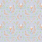 lavender background, religious symbols, communion chalice, white dove, purple grapes, green leaves, wheat stalks, wooden cross, orange accents, christian motifs, easter theme,, fabric panel, watercolor style, spiritual design, botanical elements, repeating pattern, soft pastels, religious fabric, cotton material