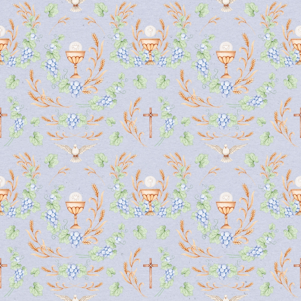 lavender background, religious symbols, communion chalice, white dove, purple grapes, green leaves, wheat stalks, wooden cross, orange accents, christian motifs, easter theme,, fabric panel, watercolor style, spiritual design, botanical elements, repeating pattern, soft pastels, religious fabric, cotton material