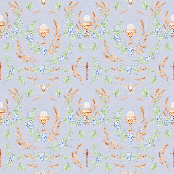 lavender background, religious symbols, communion chalice, white dove, purple grapes, green leaves, wheat stalks, wooden cross, orange accents, christian motifs, easter theme,, fabric panel, watercolor style, spiritual design, botanical elements, repeating pattern, soft pastels, religious fabric, cotton material