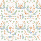 watercolor style, religious symbols, communion chalice, grapes, wheat stalks, dove, cross, purple grapes, green leaves, golden wheat, soft pastels, christian themed,, fabric panel, repeating pattern, spiritual motifs, botanical elements, sacred symbols, delicate artwork, communion elements