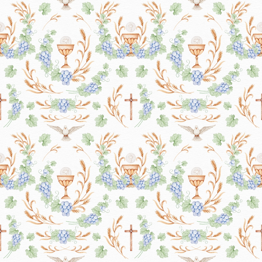 watercolor style, religious symbols, communion chalice, grapes, wheat stalks, dove, cross, purple grapes, green leaves, golden wheat, soft pastels, christian themed,, fabric panel, repeating pattern, spiritual motifs, botanical elements, sacred symbols, delicate artwork, communion elements