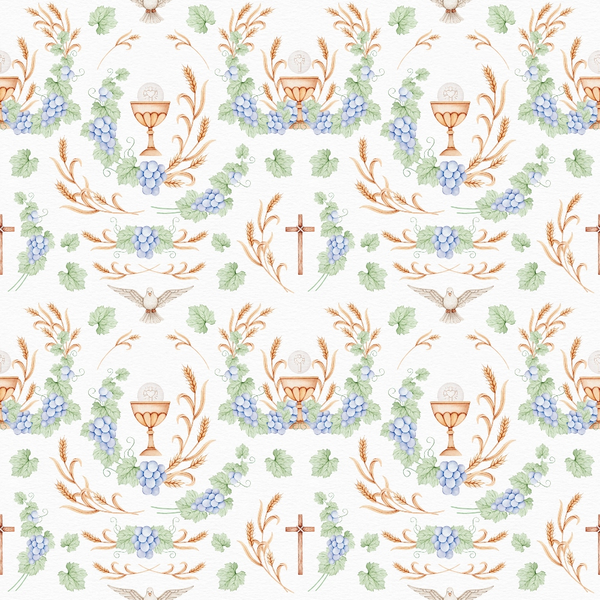 watercolor style, religious symbols, communion chalice, grapes, wheat stalks, dove, cross, purple grapes, green leaves, golden wheat, soft pastels, christian themed,, fabric panel, repeating pattern, spiritual motifs, botanical elements, sacred symbols, delicate artwork, communion elements