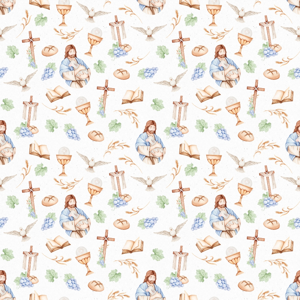 religious motifs, jesus christ, christian symbols, crosses, doves, chalice, bread, grapes, wheat stalks, open books, blue robes, brown tones, green leaves, purple grapes, watercolor style, spiritual theme,, fabric panel, easter theme, communion elements, peaceful imagery