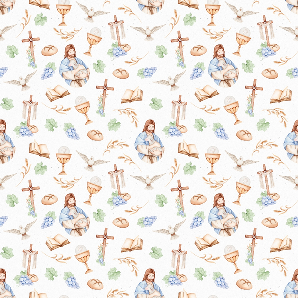 religious motifs, jesus christ, christian symbols, crosses, doves, chalice, bread, grapes, wheat stalks, open books, blue robes, brown tones, green leaves, purple grapes, watercolor style, spiritual theme,, fabric panel, easter theme, communion elements, peaceful imagery