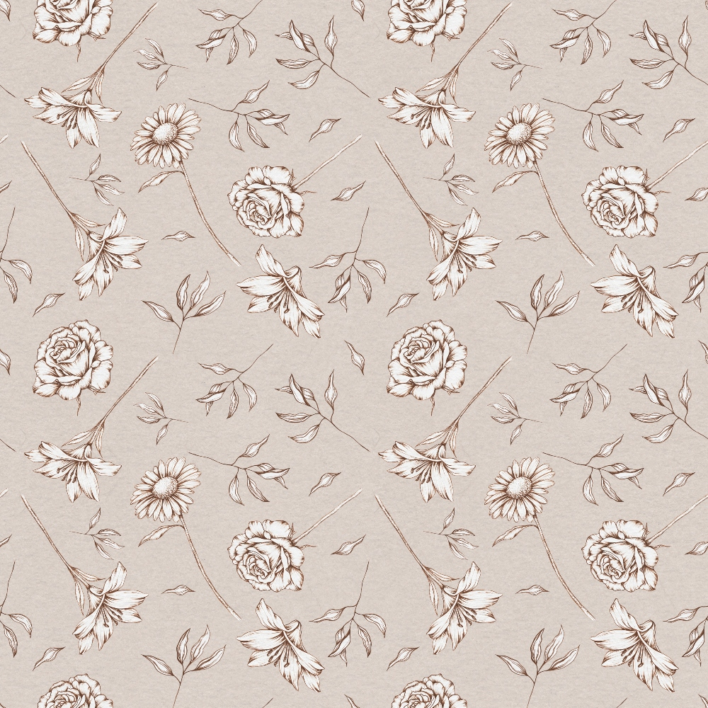 beige background, brown outlines, floral pattern, roses, daisies, lilies, botanical motifs, scattered leaves, line art style, vintage aesthetic, repeating design,, fabric panel, neutral tones, delicate flowers, hand-drawn appearance, seamless pattern, crafting material