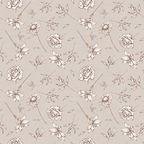 beige background, brown outlines, floral pattern, roses, daisies, lilies, botanical motifs, scattered leaves, line art style, vintage aesthetic, repeating design,, fabric panel, neutral tones, delicate flowers, hand-drawn appearance, seamless pattern, crafting material