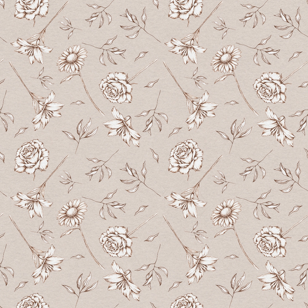 beige background, brown outlines, floral pattern, roses, daisies, lilies, botanical motifs, scattered leaves, line art style, vintage aesthetic, repeating design,, fabric panel, neutral tones, delicate flowers, hand-drawn appearance, seamless pattern, crafting material