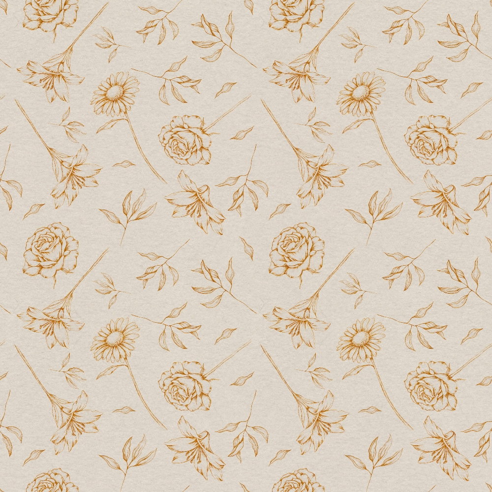 beige, cream, golden brown, floral pattern, roses, daisies, lilies, botanical motifs, delicate linework, sketched flowers, vintage style, feminine design, repeating pattern,, fabric panel, spring flowers, soft tones, nature inspired, romantic aesthetic, continuous design