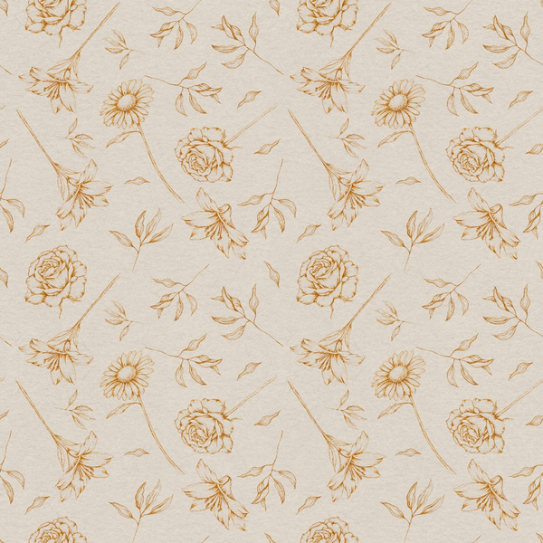 beige, cream, golden brown, floral pattern, roses, daisies, lilies, botanical motifs, delicate linework, sketched flowers, vintage style, feminine design, repeating pattern,, fabric panel, spring flowers, soft tones, nature inspired, romantic aesthetic, continuous design