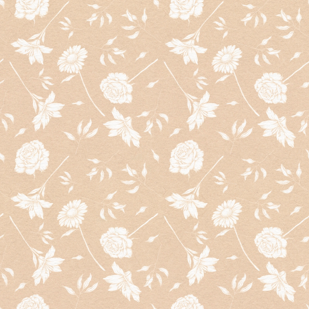 beige background, white flowers, roses, daisies, floral pattern, botanical design, leaves, stems, scattered blooms, neutral tones, soft pastels, delicate motifs,, fabric panel, repeating pattern, feminine style, romantic florals, crafting material, sewing fabric, spring flowers