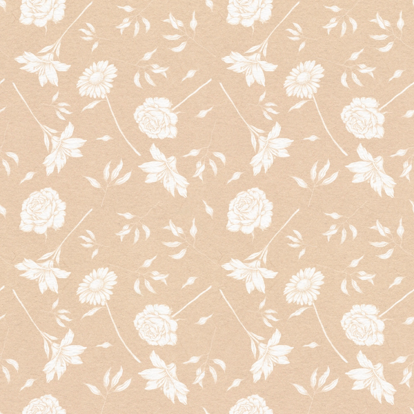 beige background, white flowers, roses, daisies, floral pattern, botanical design, leaves, stems, scattered blooms, neutral tones, soft pastels, delicate motifs,, fabric panel, repeating pattern, feminine style, romantic florals, crafting material, sewing fabric, spring flowers