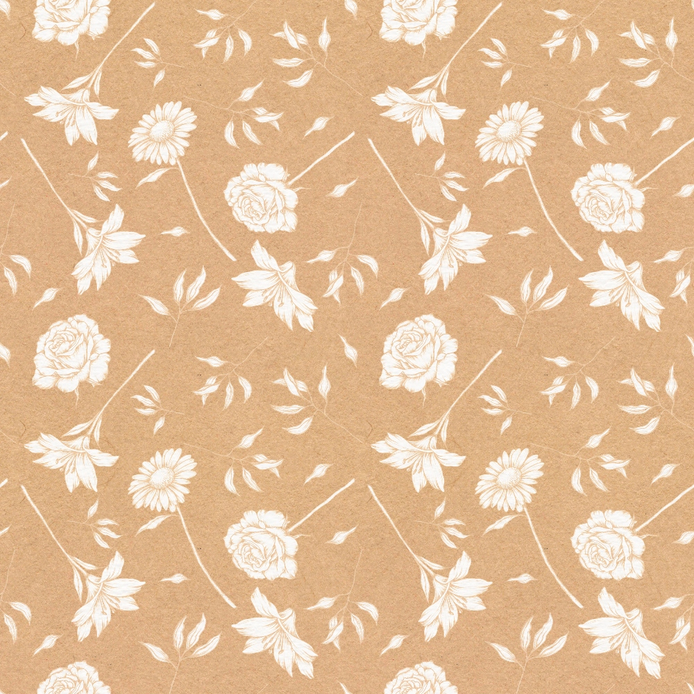 warm beige, cream white, floral pattern, roses, daisies, botanical design, scattered flowers, leaves, stems,, fabric panel, repeating motif, soft tones, delicate florals, vintage style, feminine design, crafting material, sewing fabric, neutral palette