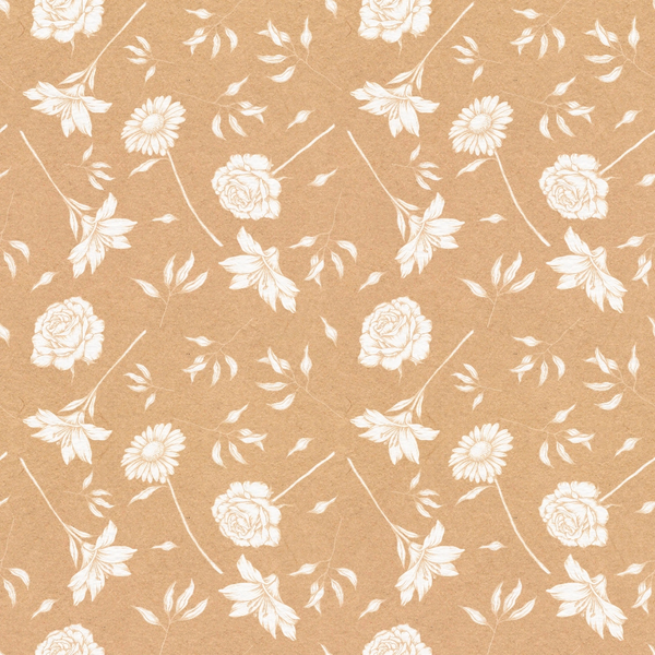 warm beige, cream white, floral pattern, roses, daisies, botanical design, scattered flowers, leaves, stems,, fabric panel, repeating motif, soft tones, delicate florals, vintage style, feminine design, crafting material, sewing fabric, neutral palette