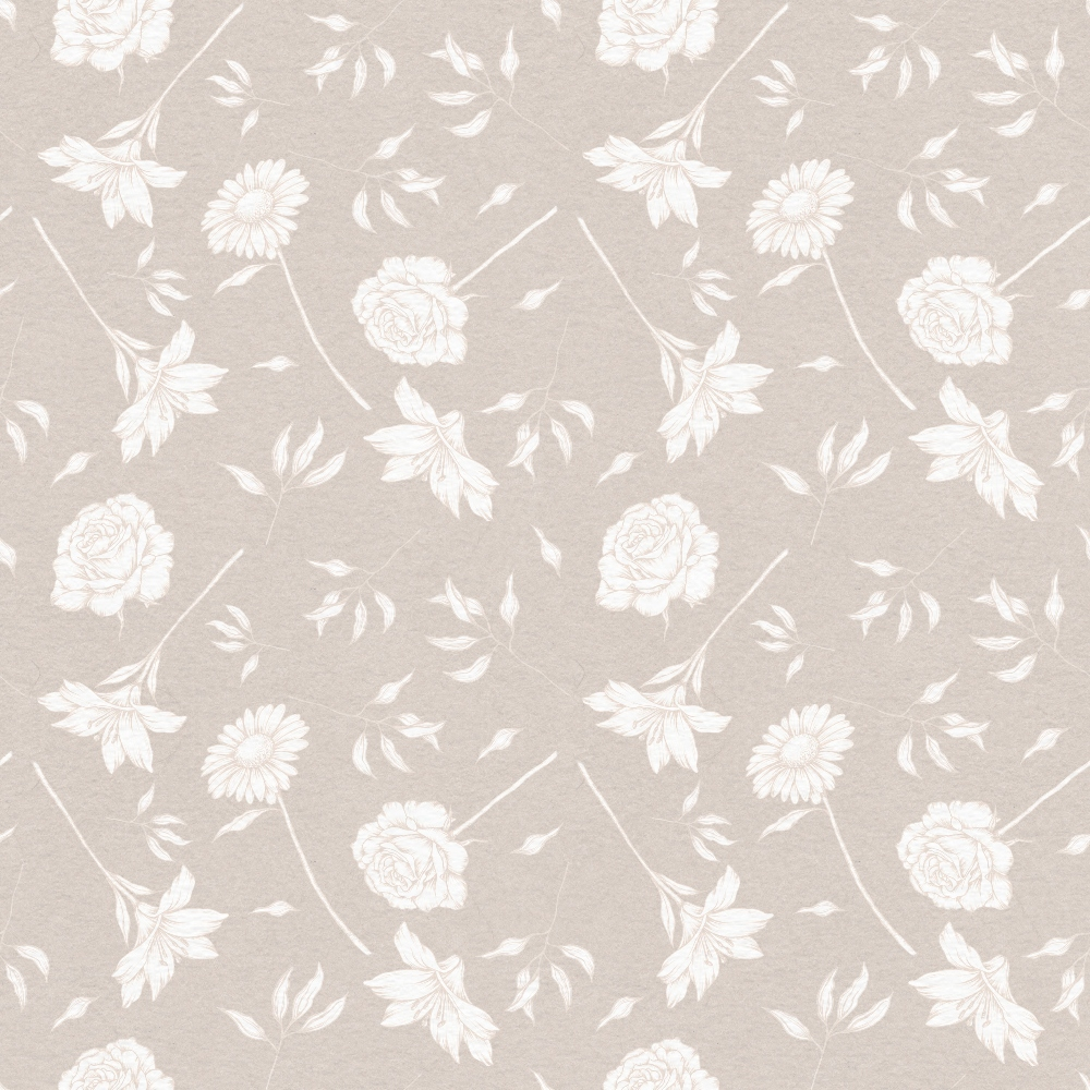 beige background, white flowers, floral pattern, roses, daisies, leaves, botanical design,, fabric panel, neutral tones, soft pastels, repeating motif, delicate florals, vintage style, crafting material, sewing fabric, ivory blooms, taupe base, garden flowers, romantic florals