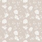 beige background, white flowers, floral pattern, roses, daisies, leaves, botanical design,, fabric panel, neutral tones, soft pastels, repeating motif, delicate florals, vintage style, crafting material, sewing fabric, ivory blooms, taupe base, garden flowers, romantic florals