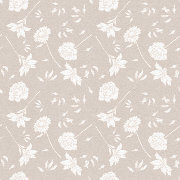beige background, white flowers, floral pattern, roses, daisies, leaves, botanical design,, fabric panel, neutral tones, soft pastels, repeating motif, delicate florals, vintage style, crafting material, sewing fabric, ivory blooms, taupe base, garden flowers, romantic florals