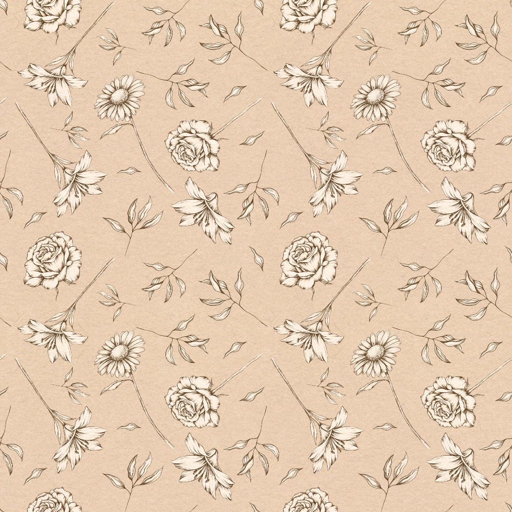beige background, floral pattern, roses, daisies, lilies, botanical design, vintage style, line art flowers, neutral tones, cream colored, sketched florals,, fabric panel, repeating pattern, delicate flowers, monochromatic design, soft palette, feminine motifs, crafting material, sewing fabric